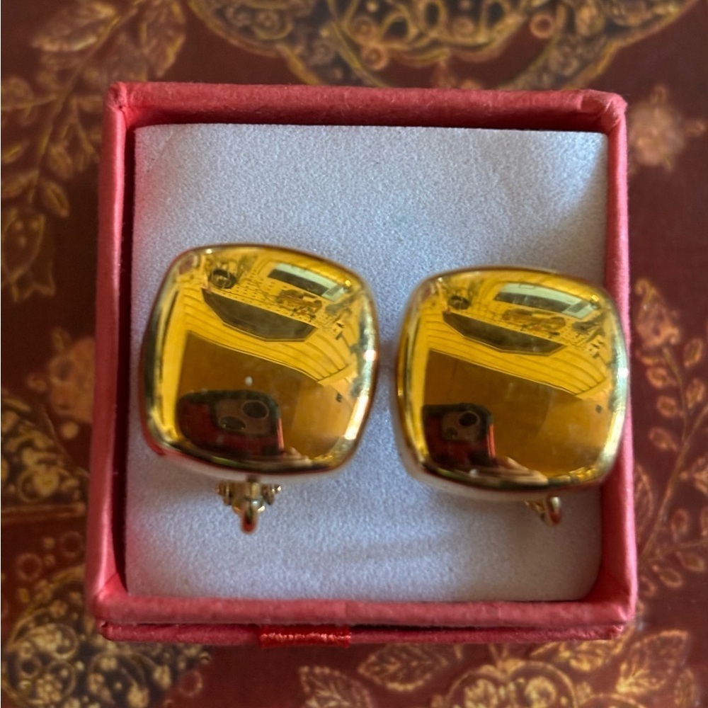 Signed Napier Gold Tone Metal Square Clip On Earrings Vintage